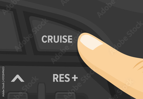 Safe car driving. Finger pressing cruise control button. Close-up view. Flat vector illustration template.