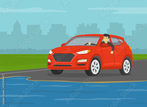 Flooded road and rainy weather conditions. Character looks out the front window. Red suv stopped at flooded road. Flat vector illustration template.