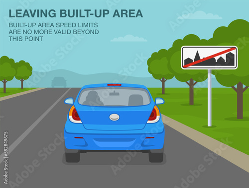 Safe car driving tips and traffic regulation rules. End of built-up area sign meaning. Speed limits are no more valid. Back view of a car on country road. Flat vector illustration template.