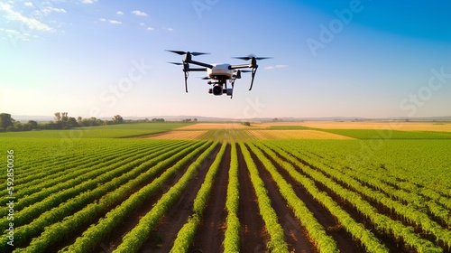 Drone monitoring crops and smart agriculture in a digital farming. Generative AI photo