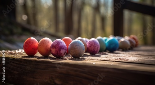 row of colorful easter eggs on wooden table and bokeh background  place for typography and logo. Rustic wooden table. Easter theme. Generative Ai.