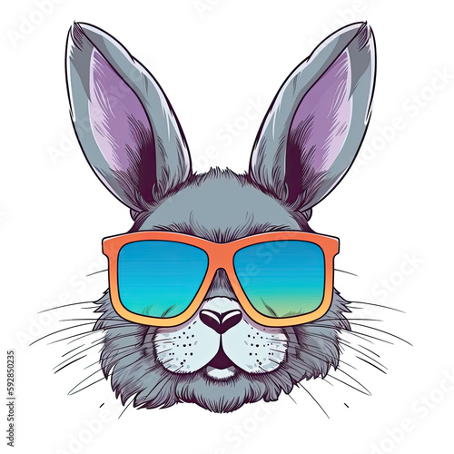 Portrait of a Carmagnola Grey Rabbit with colorful style T-shirt Design, wearing sunglasses, Vector illustration on Transparent Background