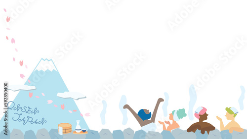 日本の温泉旅行を楽しむ外国人の旅行客のフレーム（春）（フラット）