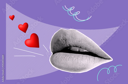 Air kiss, halftone collage. Open female lips with flying hearts. Crazy vector template in dot style,
contemporary design art. Beautiful female mouth, happy mood. Send a romantic message of love.