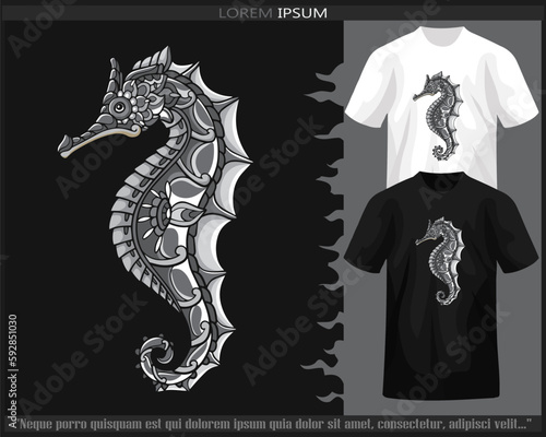 Monochrome color seahorse mandala arts isolated on black and white t shirt.