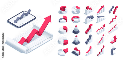 isometric vector illustration on a white background, a set of charts and arrows with a sheet of paper and a tablet, infographics for design and display of statistical data