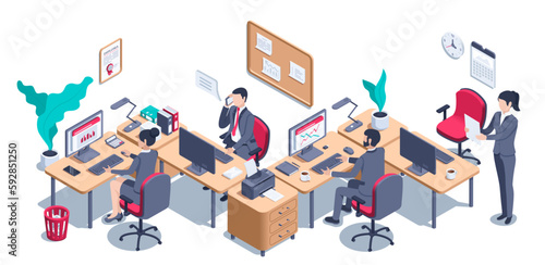 isometric vector illustration on a white background, people in business suits work in the office at their desktops, data processing or analytical department