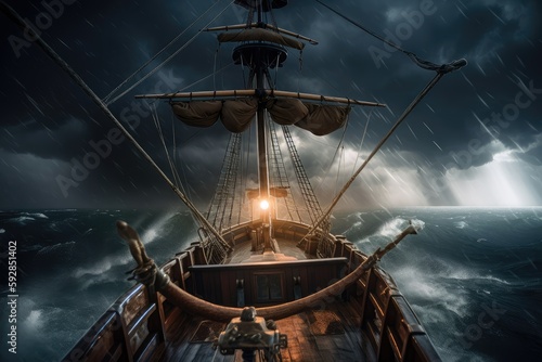 prow of pirate ship through stormy sea, with lightning bolts in the sky, created with generative ai photo