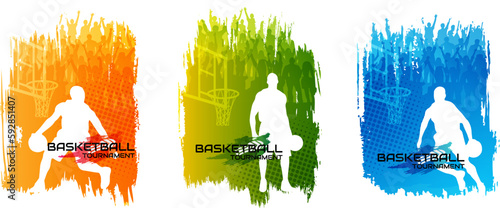 Basketball tournament. Color banners collection with player sihouettes. Vector sport concept for promotion game design.
