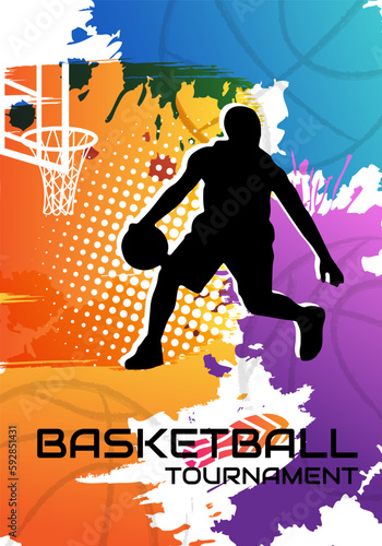 Basketball tournament poster with player sihouette and colorful paint splash elements. Vector sport concept for promotion game design.