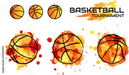 Basketball balls in orange colors  with splash paint  design elements. Vector concept for promotion game design.