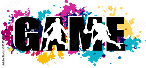 Basketball concept desgn with player silhouettes, word "game" and colorful splash paint elements
