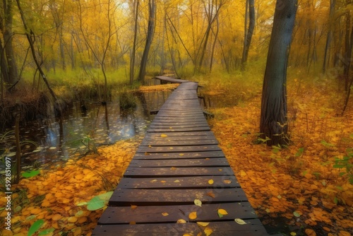 autumn forest with duckboards path and colorful foliage, created with generative ai photo