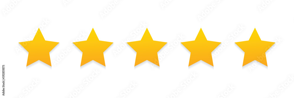 Golden five star icon vector isolated for online shop, customer review produck service store. 5 stars rating with realistic shadow. eps 10 Golden five star icon vector isolated for online shop, customer review produck service store. 5 stars rating with realistic shadow. eps 10