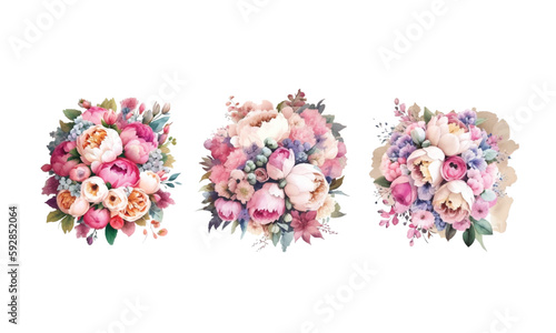 Set of floral branch. Flower pink rose, green leaves. Wedding concept with flowers. Floral poster, invite. Vector arrangements for greeting card or invitation design