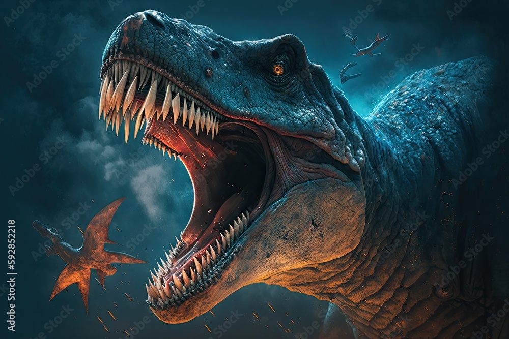 tyrannosaurus rex, looming over its prey with jaws open in deadly