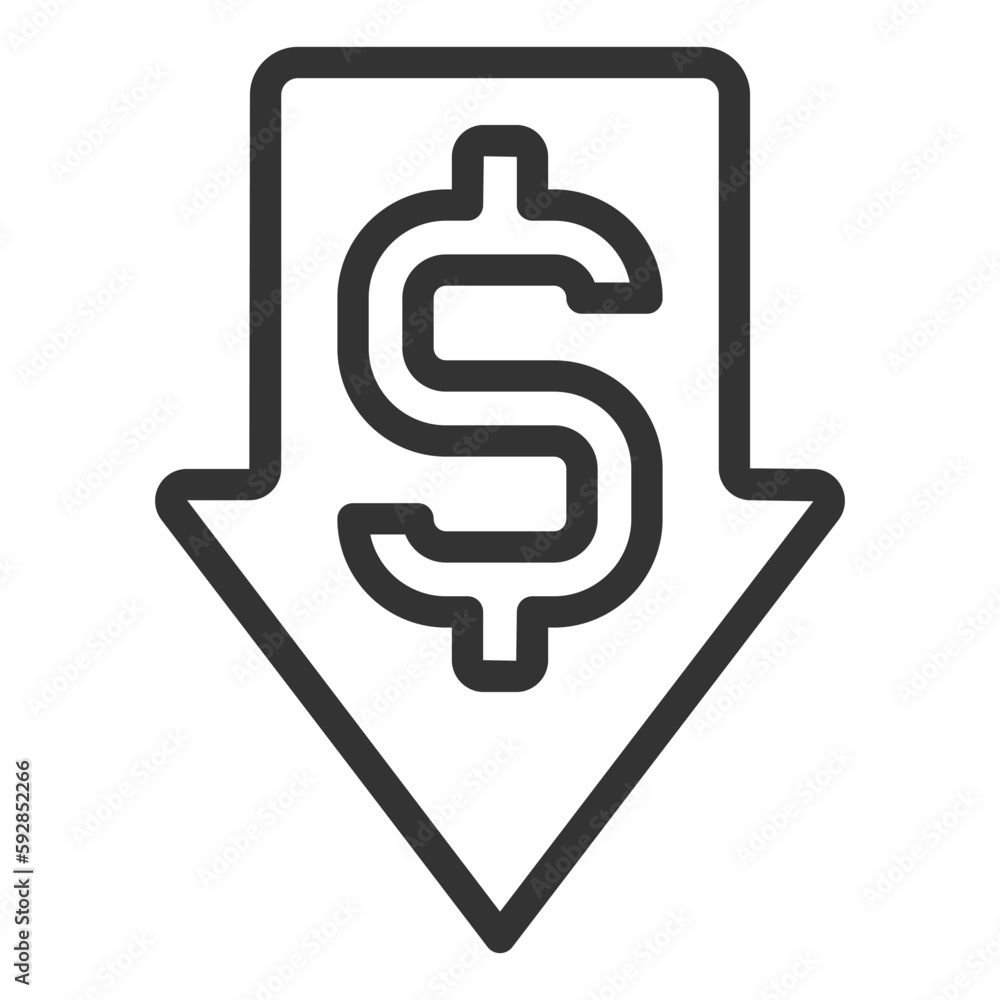 Dollar and down arrow, dollar is falling - icon, illustration on white background, outline style Dollar and down arrow, dollar is falling - icon, illustration on white background, outline style
