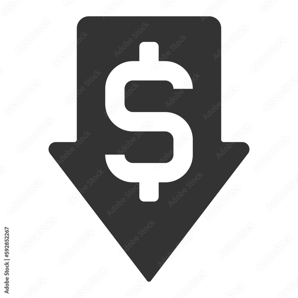 Dollar and down arrow, dollar is falling - icon, illustration on white background, glyph style Dollar and down arrow, dollar is falling - icon, illustration on white background, glyph style