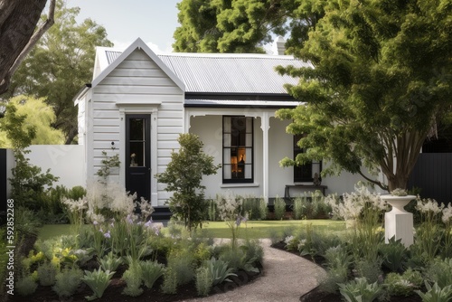 white colinial house with black shutters and metal roof in garden setting, created with generative ai photo