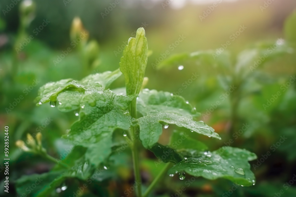 Water drops on green leaves after rain in the morning light. Water drops on green leaves after rain in the morning light.