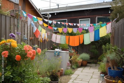 creative use of clothesline to add color and whimsy to outdoor space, created with generative ai