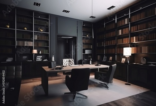 Modern study room interior design, dark environment, cozy style. Created using generative AI © Chan