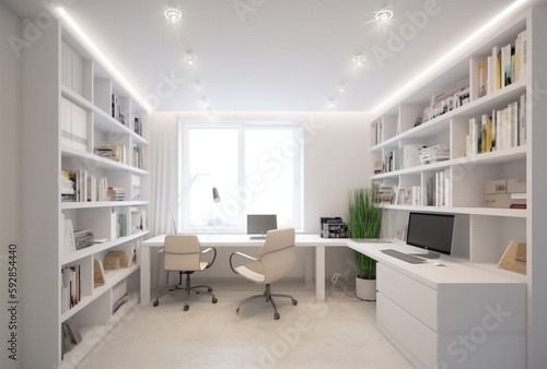 Modern office interior with furniture. Bright environment. Created using generative AI