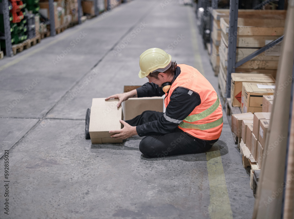 A warehouse worker was seriously hurt when a piece of loaded merchandise slipped and fell on him. When someone has a leg injury at work, immediate first aid and support from coworkers is required. A warehouse worker was seriously hurt when a piece of loaded merchandise slipped and fell on him. When someone has a leg injury at work, immediate first aid and support from coworkers is required.