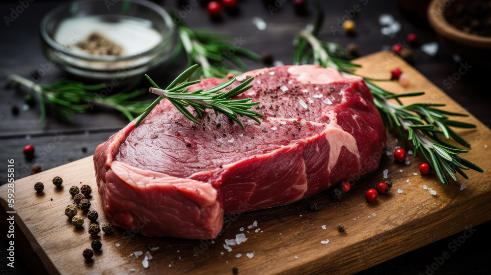 Savory Raw Steak with Fresh Herbs and Garlic on Cutting Board