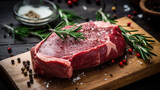 Savory Raw Steak with Fresh Herbs and Garlic on Cutting Board