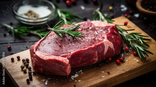 Savory Raw Steak with Fresh Herbs and Garlic on Cutting Board
