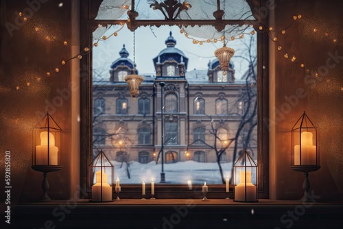 majestical palace with warm lanterns and snowflakes on the window, created with generative ai photo