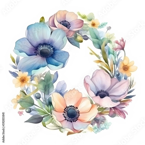 Beautiful Watercolor Spring Flowers Wreath. Watercolor Illustration for Wedding Invitations  Greeting Cards  apparel Prints. Generetive Ai