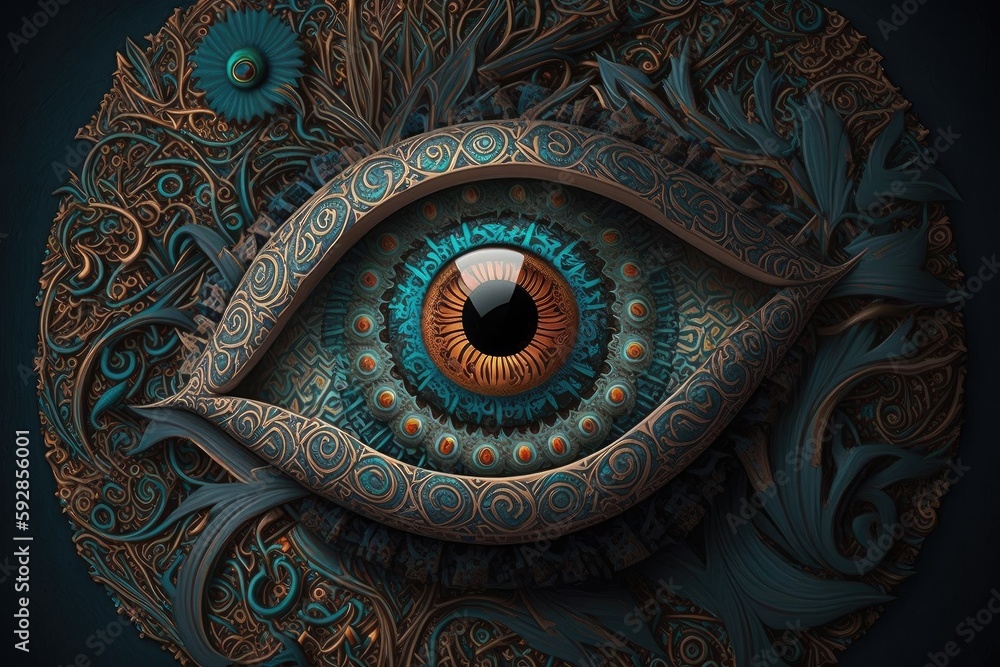 evil eye, surrounded by circle of intricate patterns and colors, created with generative ai - obrazy, fototapety, plakaty 