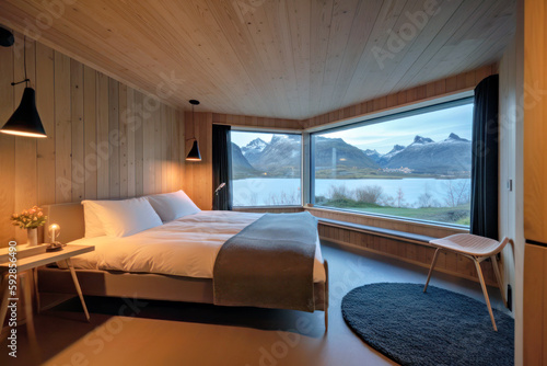 Stylish hotel room with windows overlooking magnificent nature view  Generative AI
