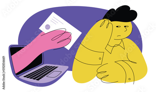 A young guy is hiding from the conscription. Evader from the army. Hand with sheet of paper from laptop monitor. Getting a summons to the military via Internet. Concept of online delivery of letter