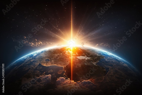 Canvas Print a sun rising over a globe, with rays of light spreading out across the world
