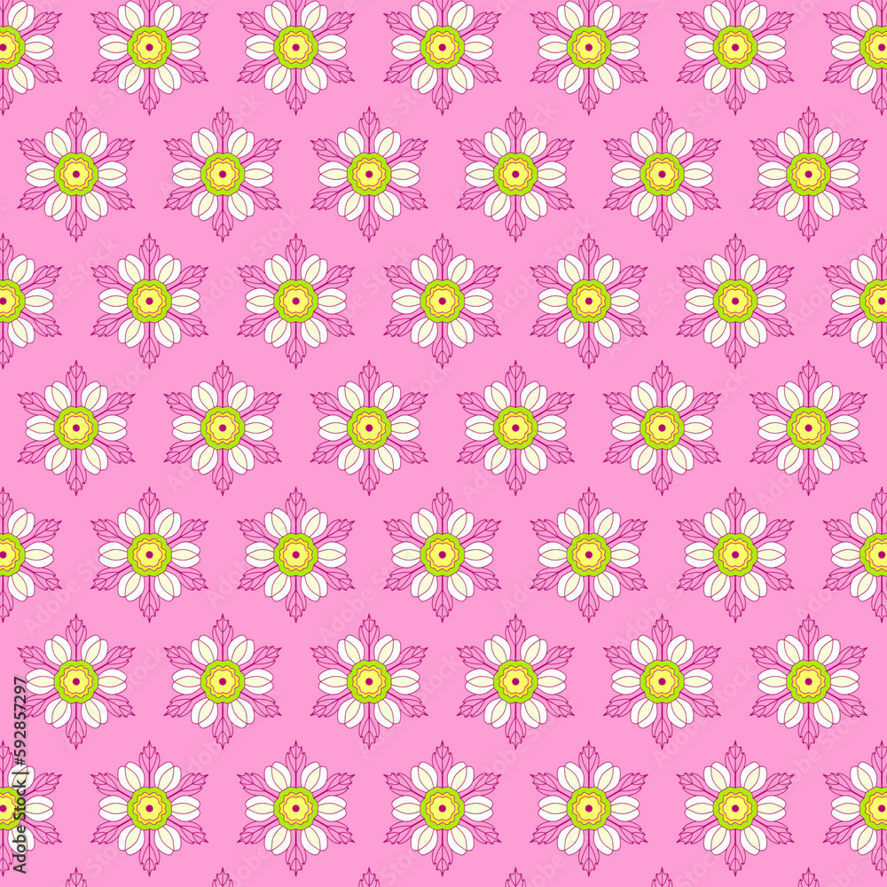 Stylized white chamomile flowers and openwork leaves on a light pink background Seamless pattern Stylized white chamomile flowers and openwork leaves on a light pink background Seamless pattern