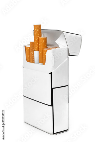 Opened pack of cigarettes. Isolated on white. Close up.