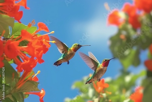 Hummingbirds in flight near the red tropical flowers created with Generative AI technologyю Сolibri