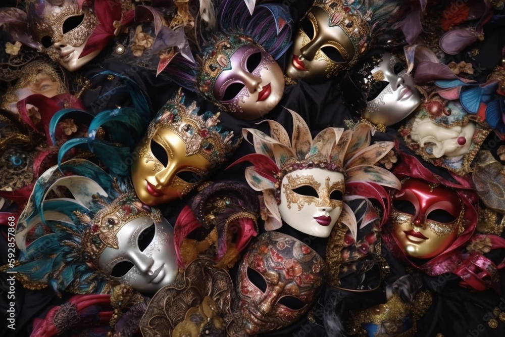 Travel, occasions and carnivals concept. Top view of colorful various Venetian masquerade masks background. Generative AI