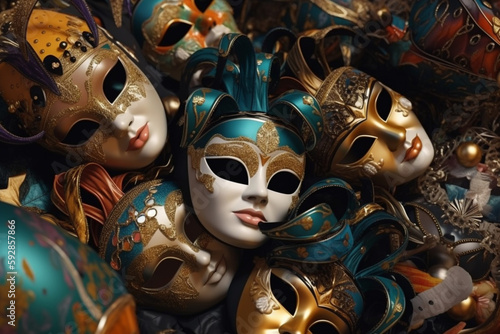 Travel, occasions and carnivals concept. Top view of colorful various Venetian masquerade masks background. Generative AI