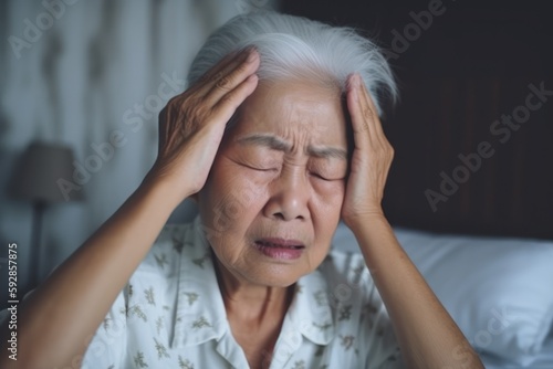 Asian senior woman suffering from headache, migraine, stress, headache and depression at home. Generative AI