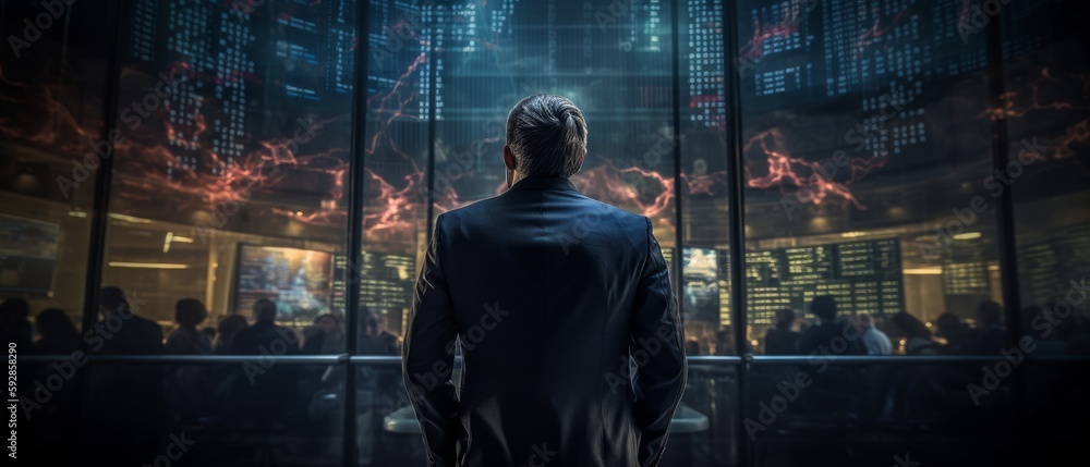 Businessman trader, back view. Generative AI Businessman trader, back view. Generative AI