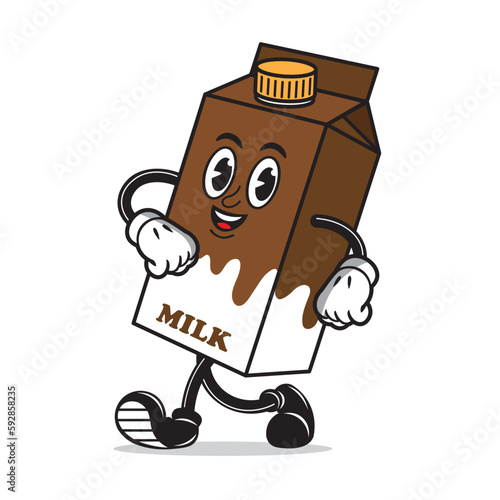 Walking Box Milk in retro cartoon style, perfect for tshirt design and milk cafe logo