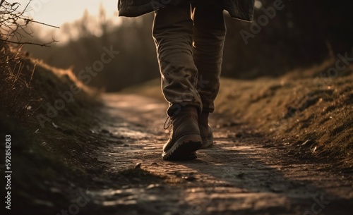 Male Traveller is Going by Nature Trail  Forest and Meadow  Golden Hour Nature Photography  Close Up Trekking Boots. Generative Ai