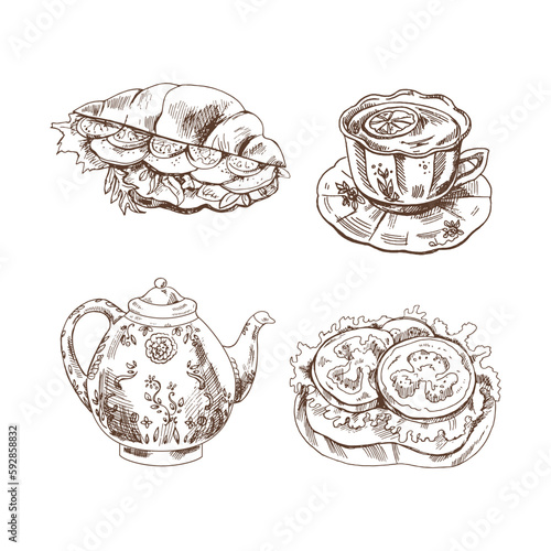 Desserts set isolated on white background. Vintage Illustration. Hand drawn sketch of cup of tea with lemon, porcelain teapot, bruschetta with tomatoes, croissant stuffed with lettuce. 
