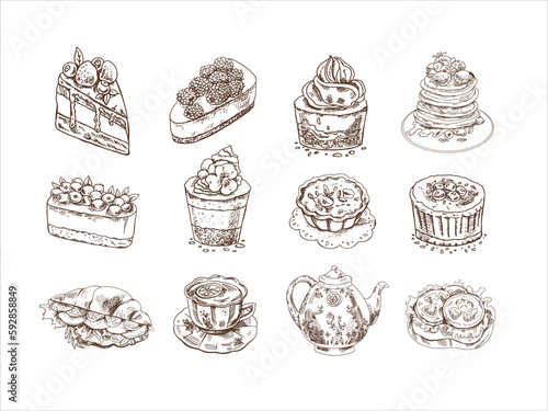Desserts set on white background. Vintage  Illustration. Hand drawn sketch of  Cupcakes and cakes With cream and berry tops, pancakes, tartlets, croissant, tea cup,  teapot, bruschetta with tomatoes. 