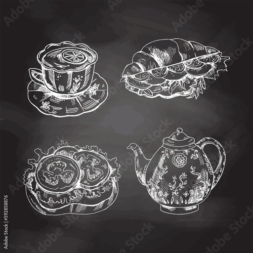 Desserts set isolated on chalkboard background. Vintage Illustration. Hand drawn sketch of cup of tea with lemon, porcelain teapot, bruschetta with tomatoes, croissant stuffed with lettuce. 