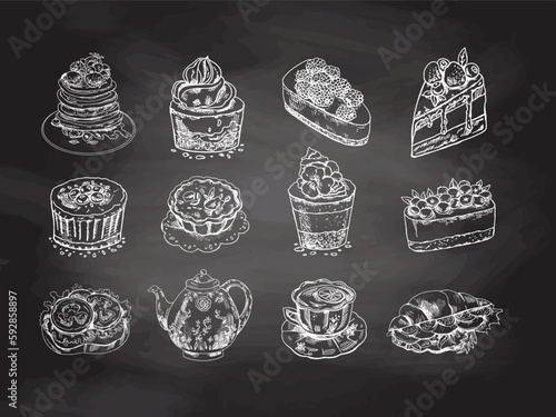 Desserts set on chalkboard  background.  Hand drawn sketch of Delicious Cupcakes and cakes With cream and berry tops, pancakes, tartlets, croissant, cup with hot drink,  teapot, bruschetta. 